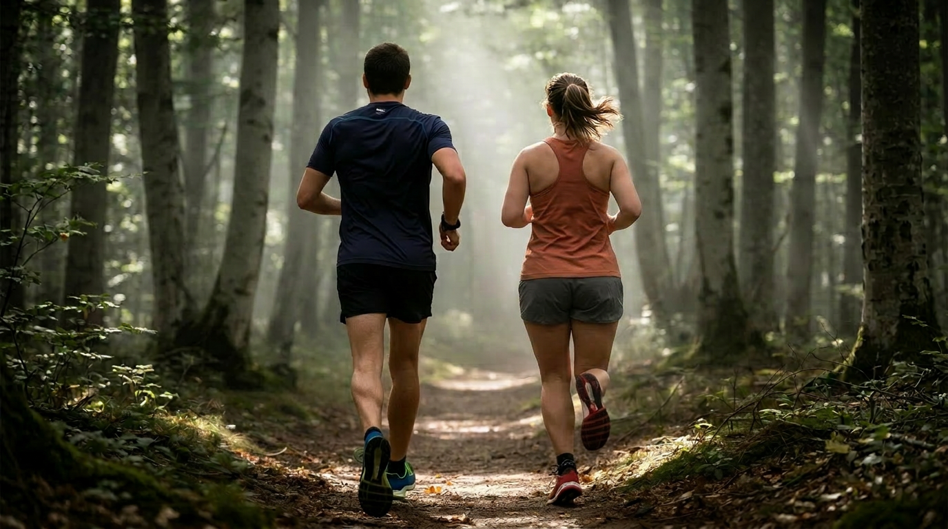 Two runners trail training in the woods around Basel